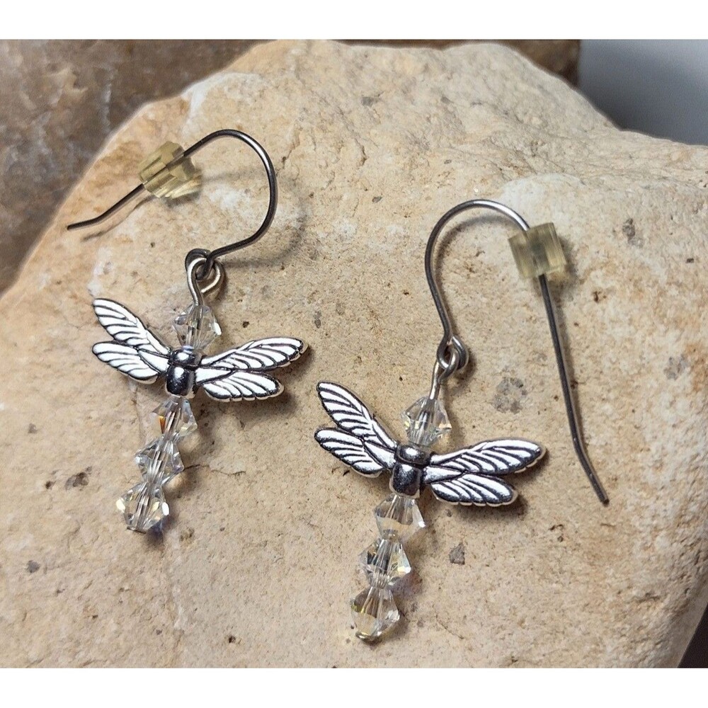 Dragonfly Aurora Borealis Crystal Silver tone Earrings NEW